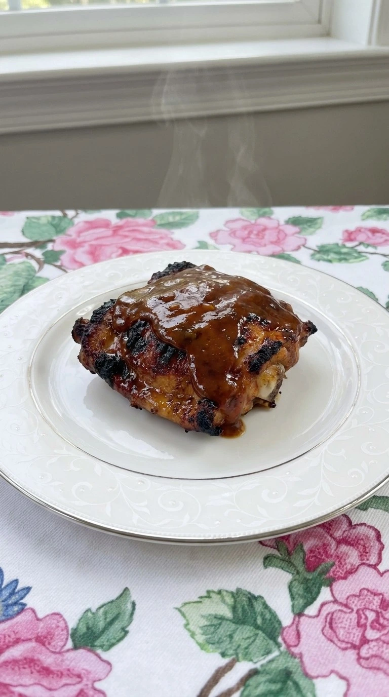 Banana BBQ Chicken plated serving with sticky glazed chicken thigh Recipe focus: bbq chicken crockpot easy.