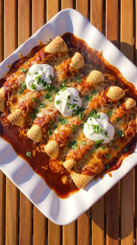 Beef and Cheese Enchiladas fresh from the oven with melted cheese and red sauce Recipe focus: beef cheese enchiladas.
