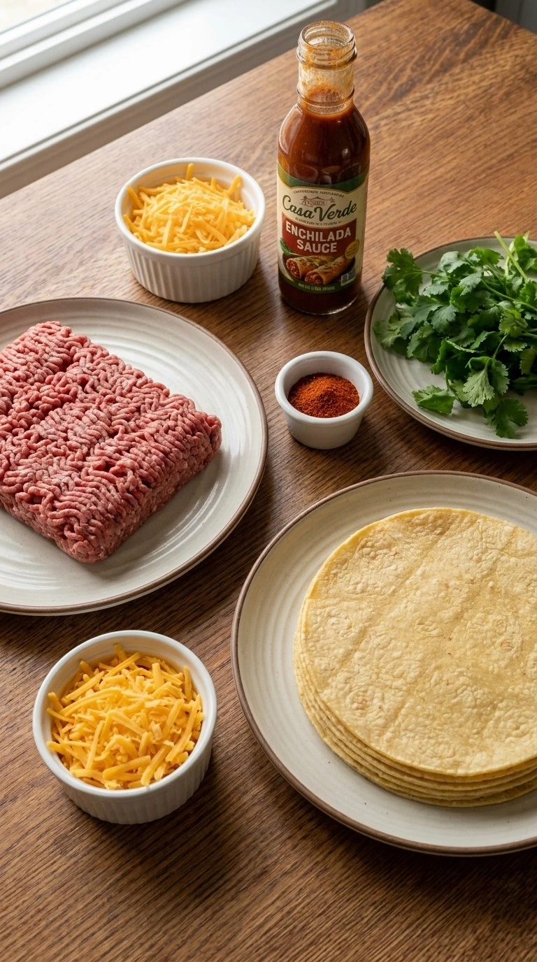Beef and Cheese Enchiladas ingredients with tortillas ground beef cheese and sauce Recipe focus: beef enchiladas with cream cheese.