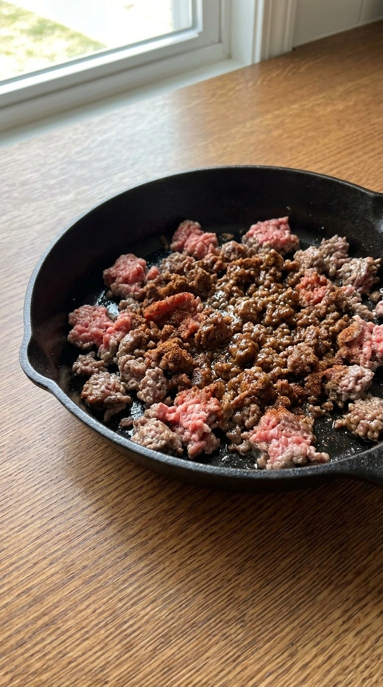 Beef and Cheese Enchiladas browning ground beef filling in a skillet Recipe focus: cream cheese enchiladas beef.