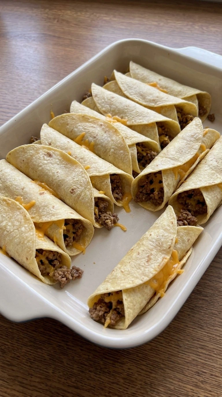 Beef and Cheese Enchiladas filled corn tortillas arranged in baking dish Recipe focus: easy beef and cheese enchiladas.