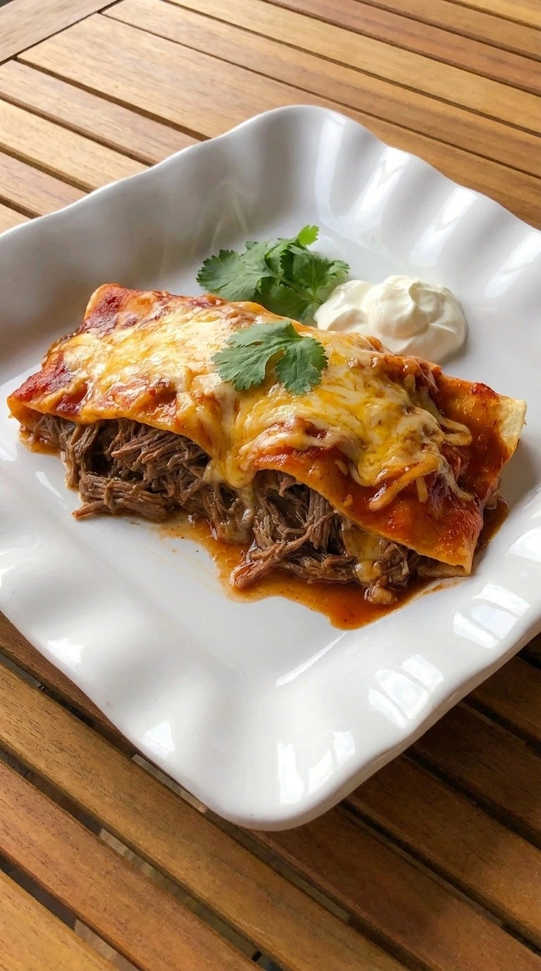 Beef and Cheese Enchiladas single serving with melted cheese and filling Recipe focus: beef enchiladas with cheese sauce.