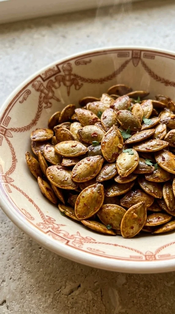 Chili Roasted Pumpkin Seeds with a glossy smoky chili coating and crisp toasted edges Recipe focus: how to make chili roasted pumpkin seeds.