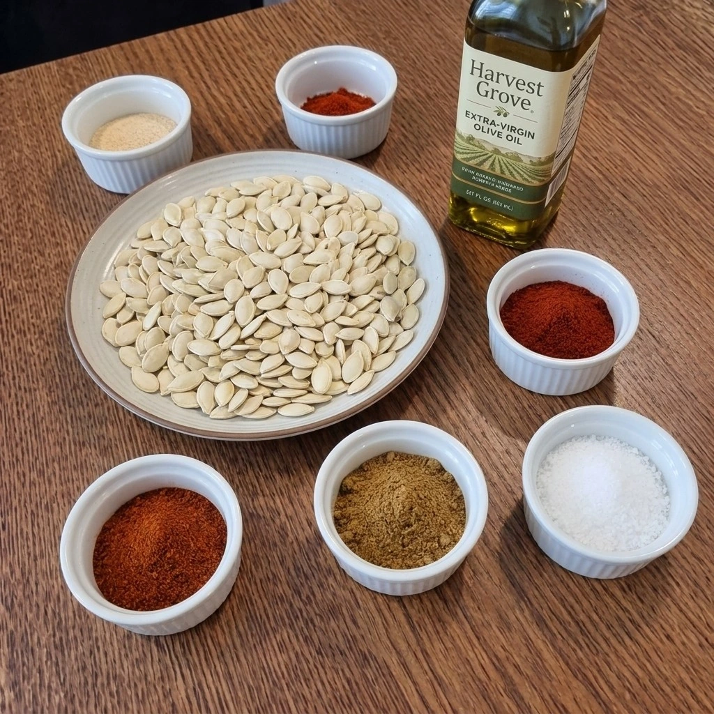 Chili Roasted Pumpkin Seeds ingredients with raw pumpkin seeds, olive oil and smoky spices Recipe focus: pumpkin seeds recipe salted.