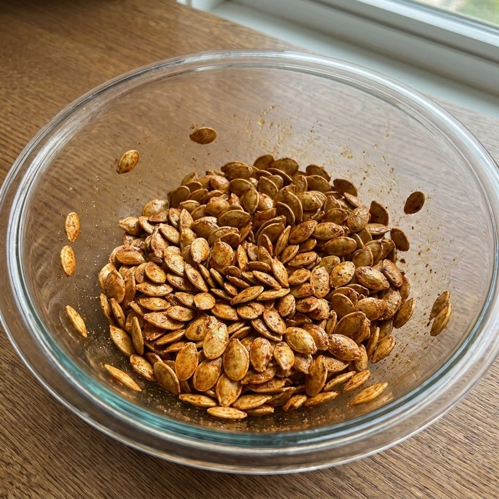 Seasoned pumpkin seeds coated with spices for Chili Roasted Pumpkin Seeds Recipe focus: how to bake pumpkin seeds in oven.