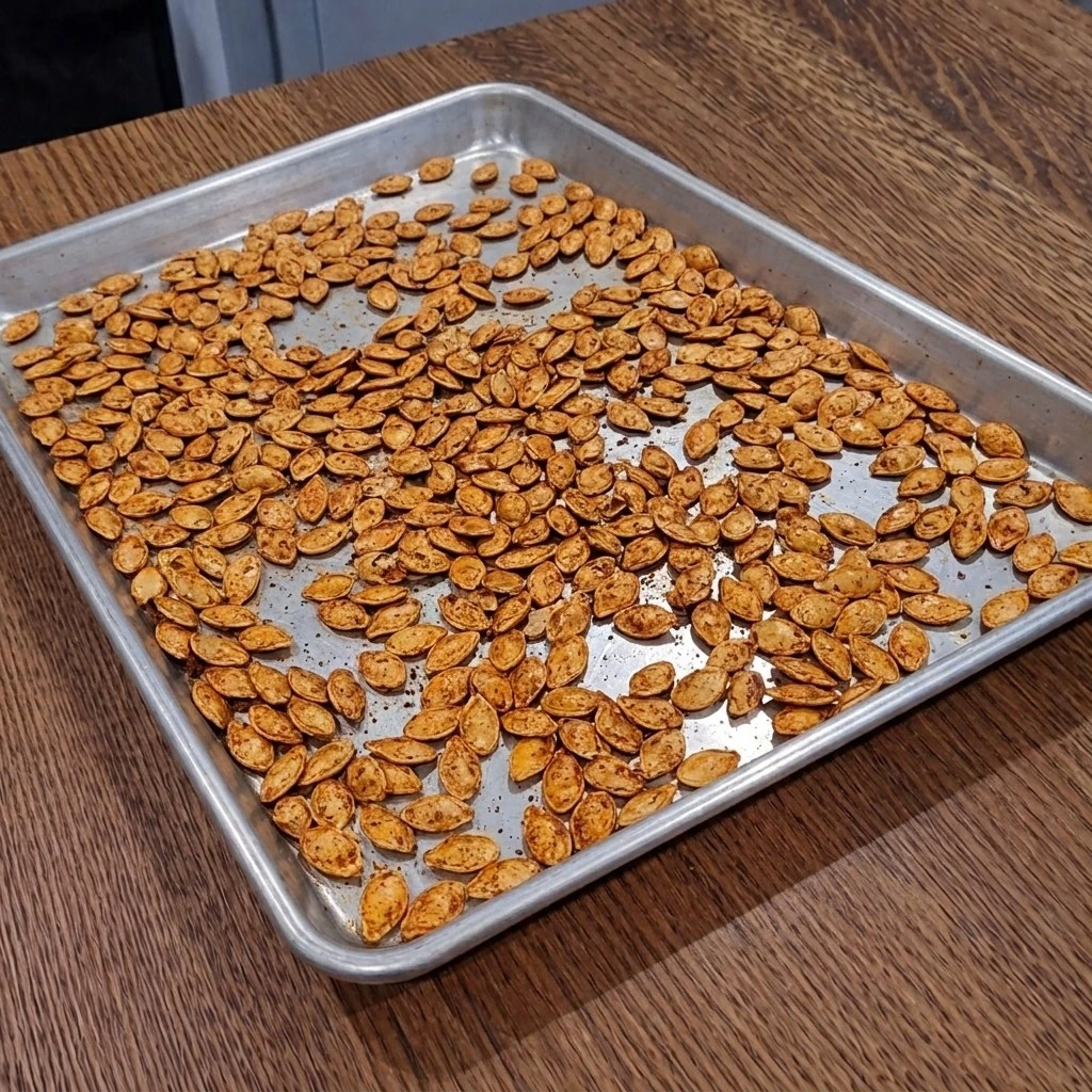 Pumpkin seeds beginning to toast for Chili Roasted Pumpkin Seeds at 325°F Recipe focus: how to make savory pumpkin seeds.