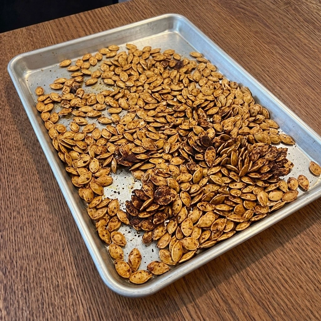 Crisp golden Chili Roasted Pumpkin Seeds with smoky chili seasoning Recipe focus: cooked pumpkin seeds.