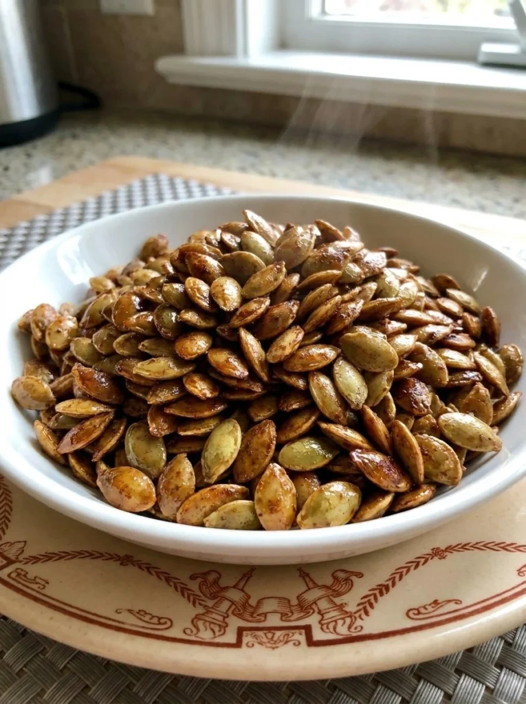 Cinnamon Sugar Roasted Pumpkin Seeds piled in a white bowl with glossy caramelized cinnamon coating