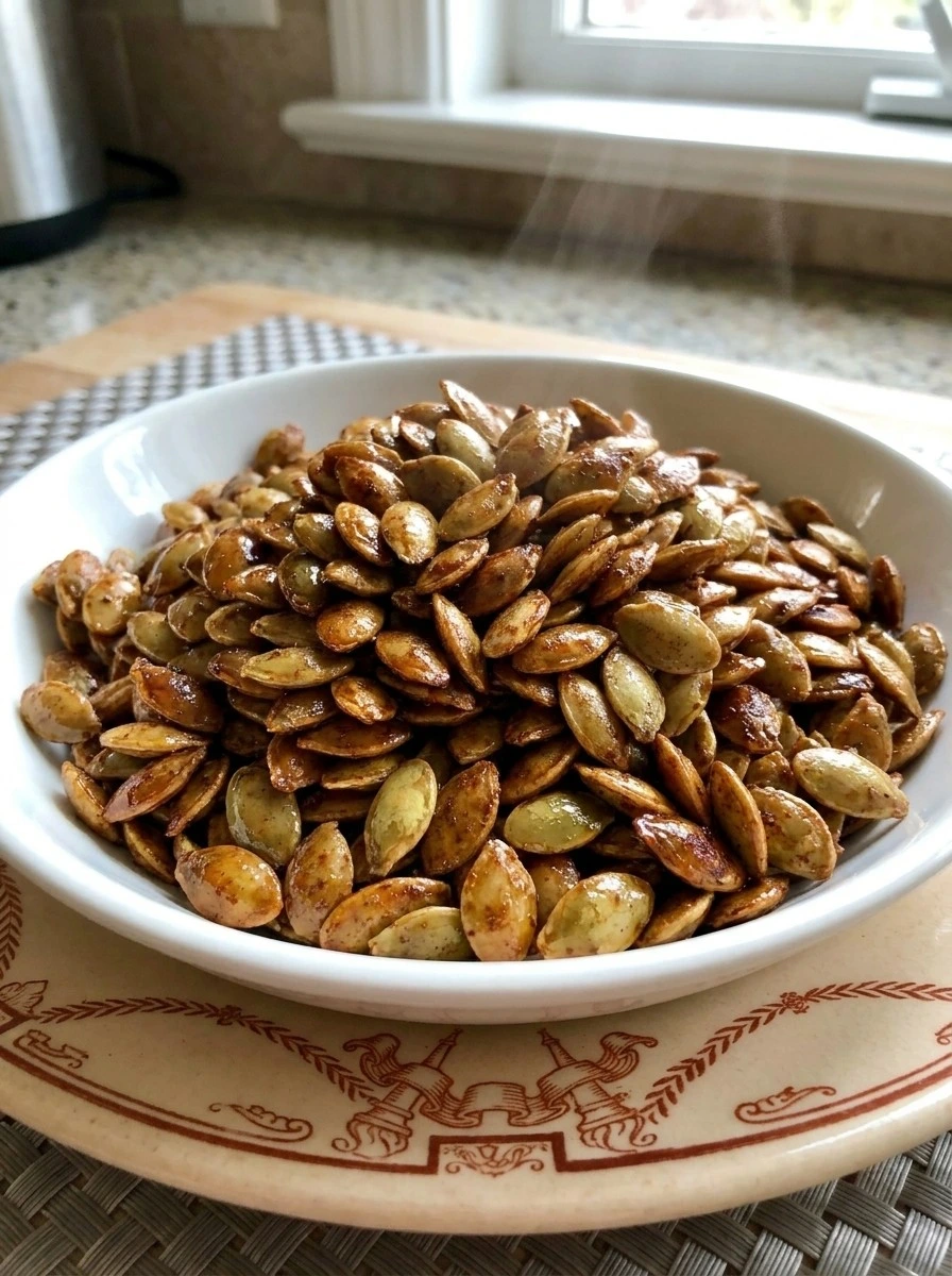 Cinnamon Sugar Roasted Pumpkin Seeds piled in a white bowl with glossy caramelized cinnamon coating