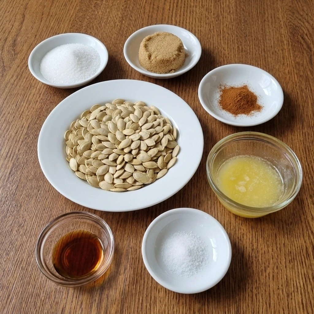 Ingredients for Cinnamon Sugar Roasted Pumpkin Seeds including fresh pumpkin seeds, butter, sugars and cinnamon