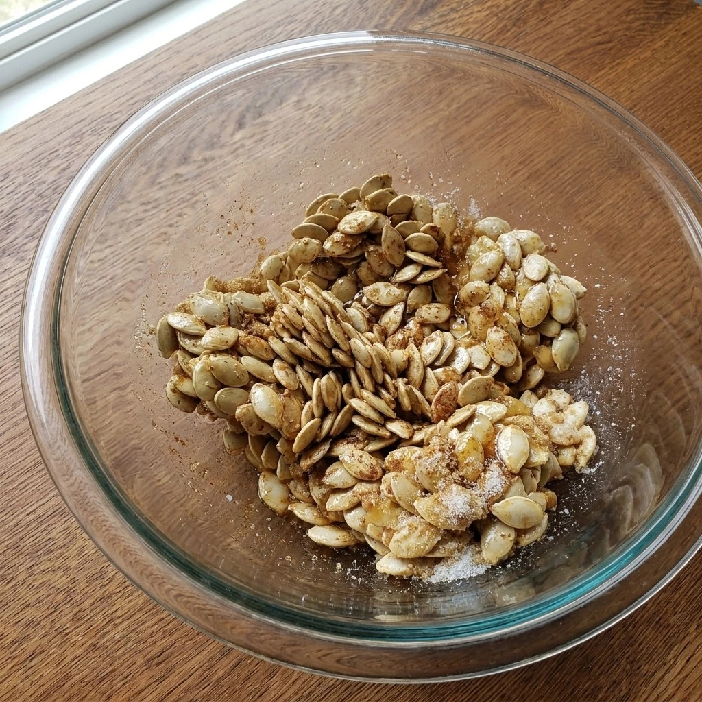 Coating Cinnamon Sugar Roasted Pumpkin Seeds with butter, cinnamon and sugar before roasting