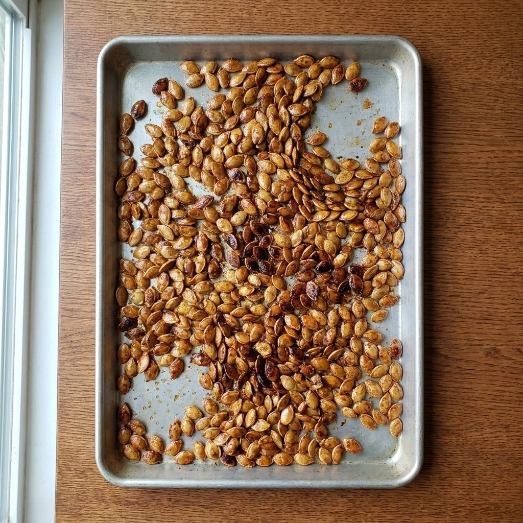 Roasting Cinnamon Sugar Roasted Pumpkin Seeds until amber and crisp at 350°F