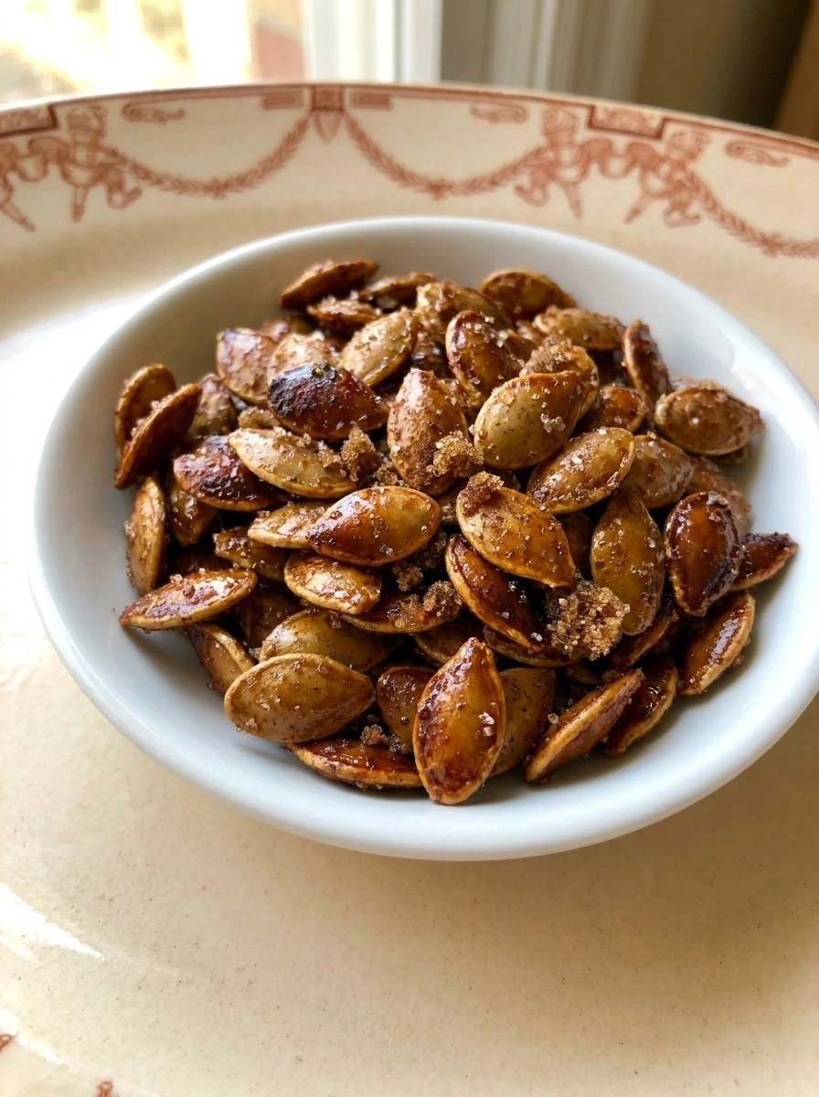 Cooled Cinnamon Sugar Roasted Pumpkin Seeds served crisp in a small white bowl