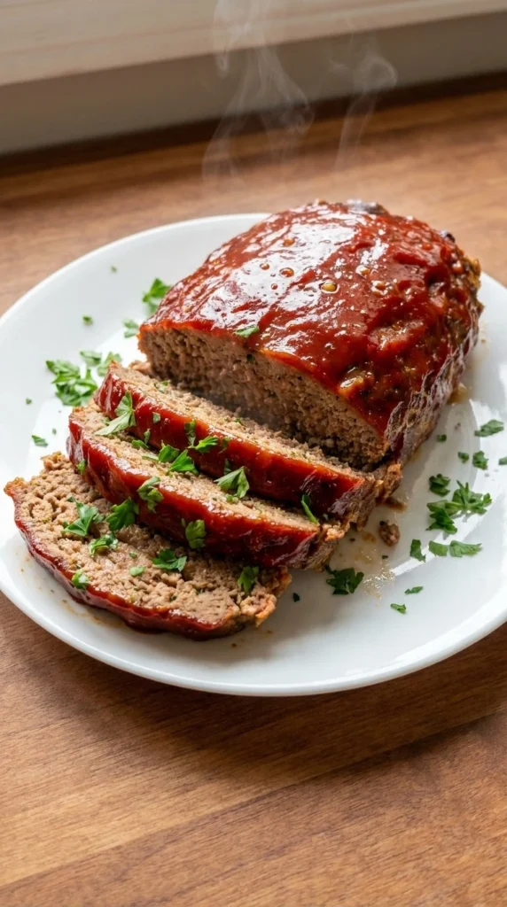 Classic Homemade Meatloaf with glossy glaze and sliced tender center Recipe focus: zucchini meatloaf.