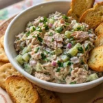 Creamy Tuna Salad in a white bowl with tuna cucumber salad texture Recipe focus: creamy cucumber salad.