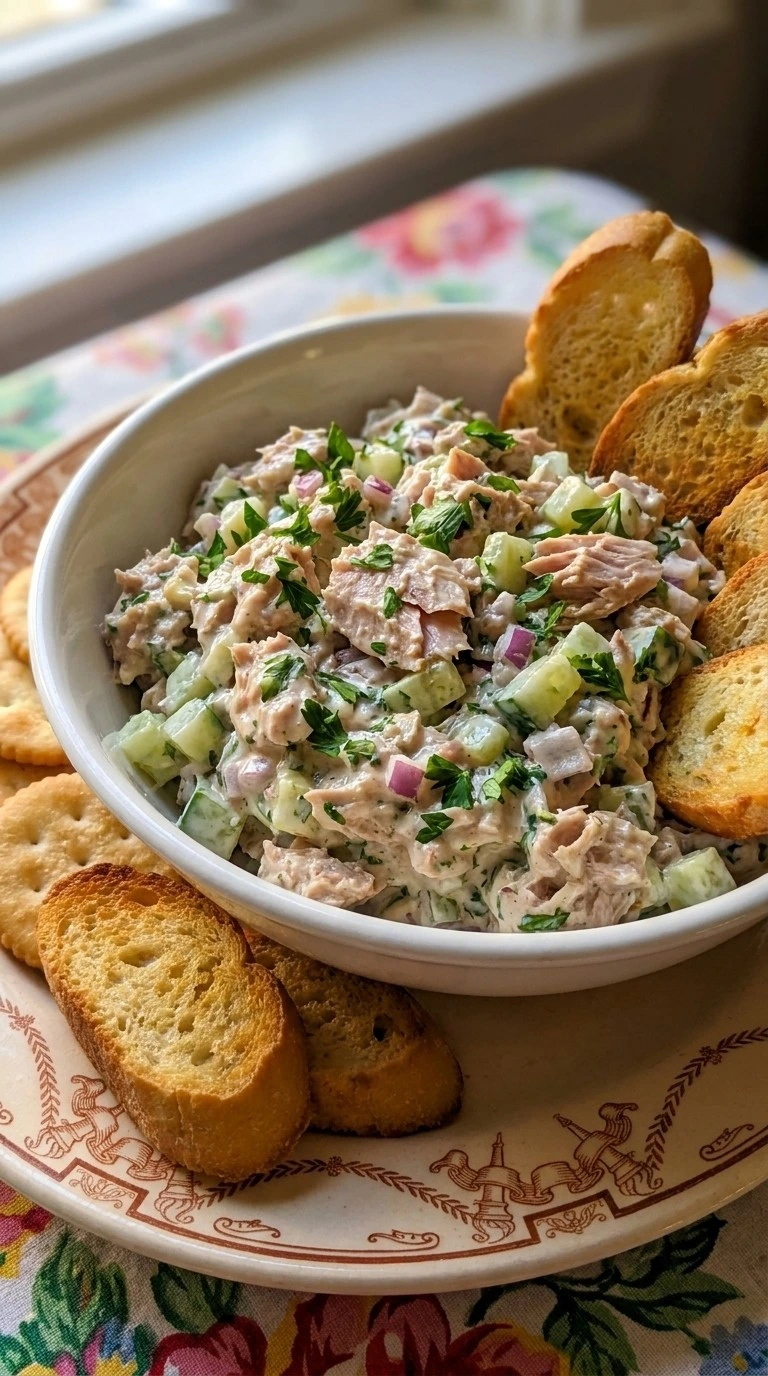Creamy Tuna Salad in a white bowl with tuna cucumber salad texture Recipe focus: creamy cucumber salad.