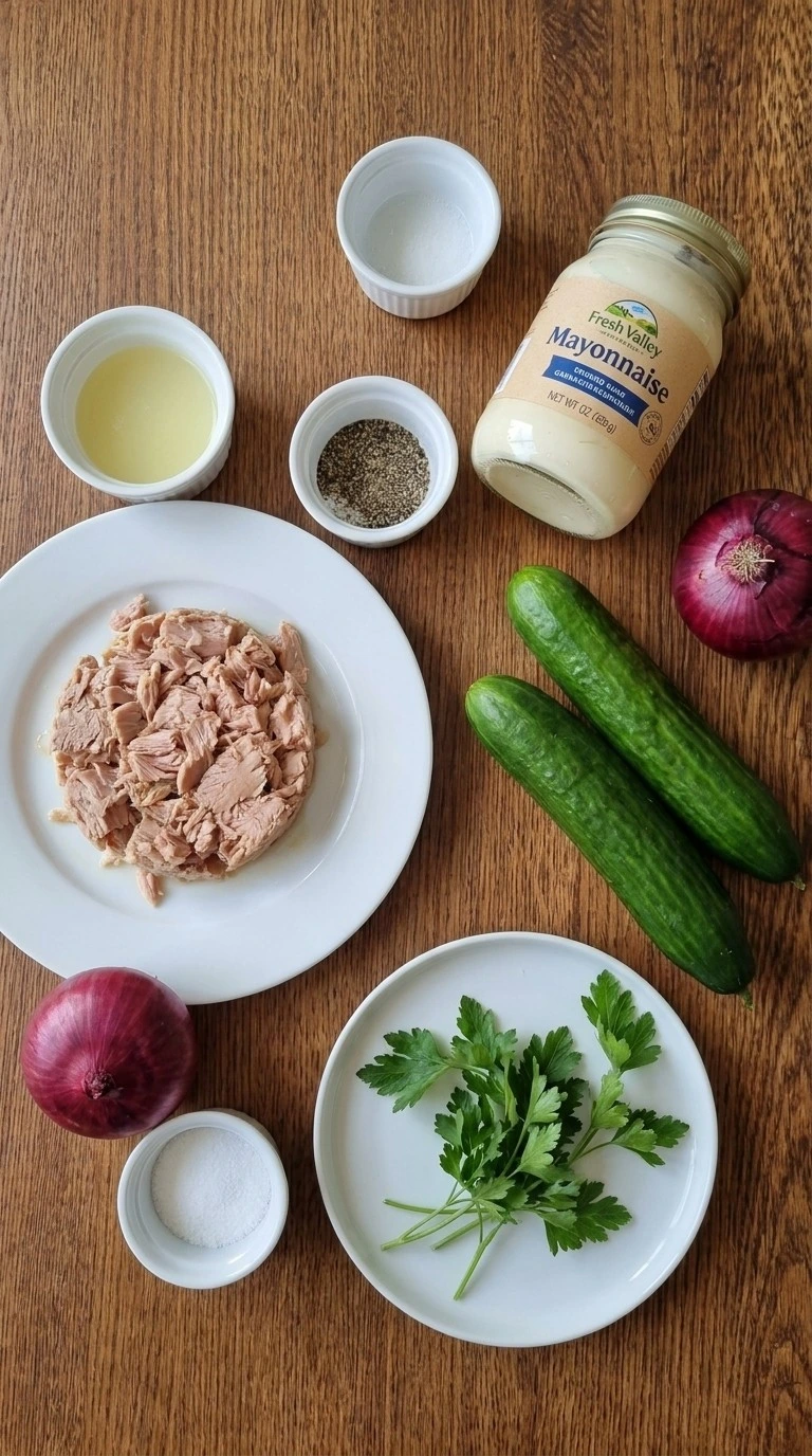 Creamy Tuna Salad ingredients including cucumber and tuna preparation items Recipe focus: cucumber tuna salad.