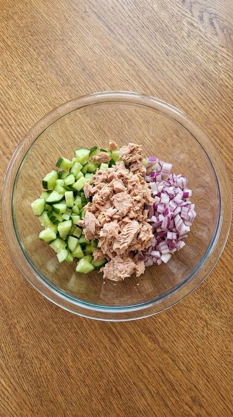 Creamy Tuna Salad tuna preparation with cucumber pieces Recipe focus: creamy cucumber tomato salad.