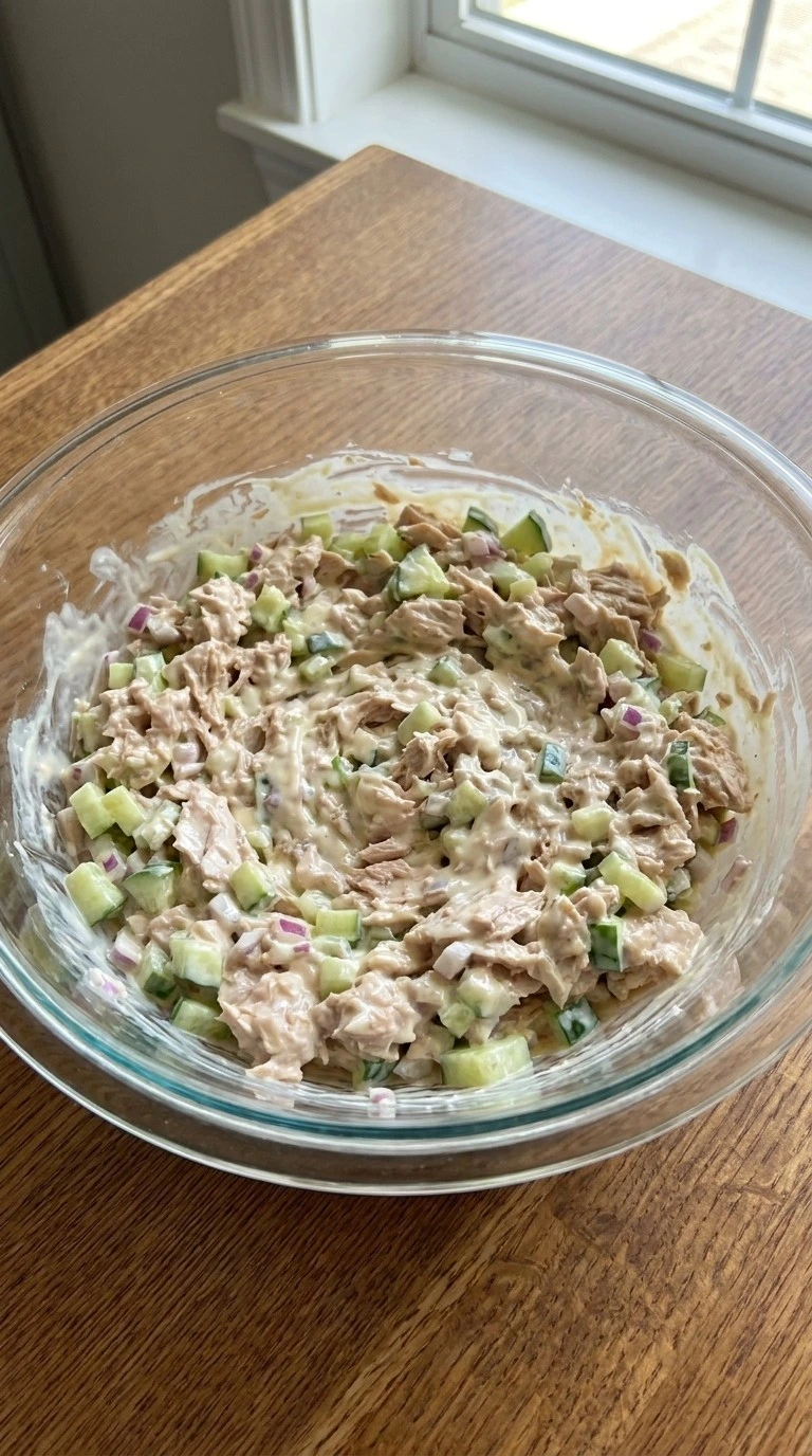 Creamy Tuna Salad dressing folded into tuna cucumber salad mixture Recipe focus: creamy dill cucumber salad.
