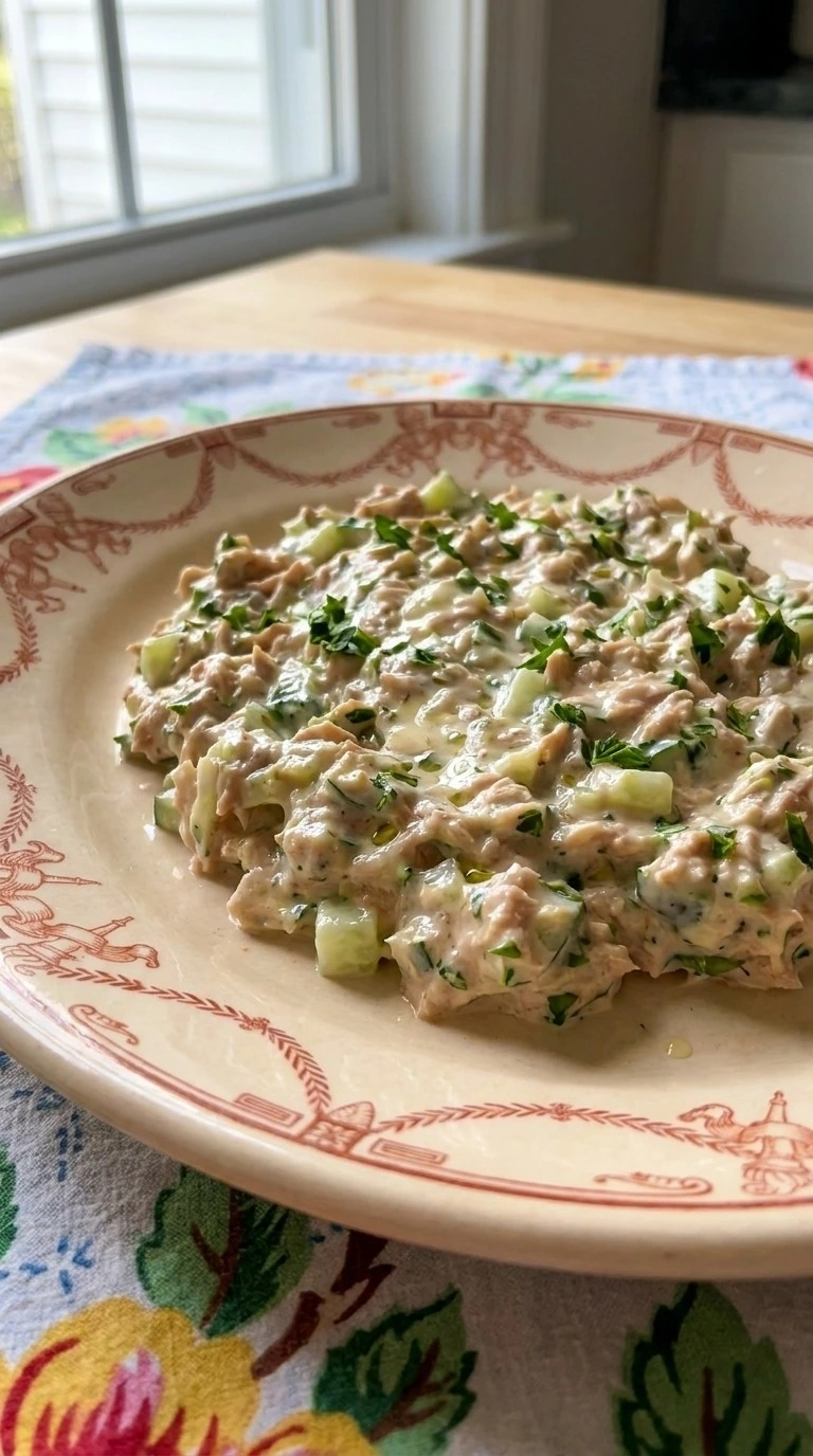 Creamy Tuna Salad plated with tuna cucumber salad and crackers Recipe focus: creamy cucumber salad.