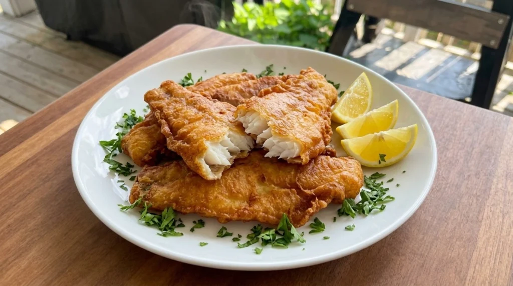 Crispy Beer Battered Fish golden fried fillets with crunchy coating and lemon wedges Recipe focus: beer battered pickles.