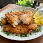 Crispy Beer Battered Fish golden fried fillets with crunchy coating and lemon wedges Recipe focus: beer battered pickles.