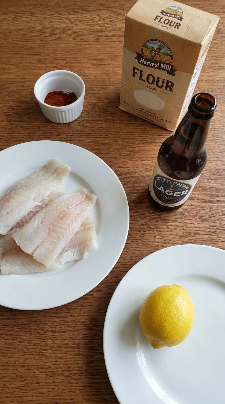 Crispy Beer Battered Fish ingredients including fish fillets flour beer and seasonings Recipe focus: easy crispy beer battered fish.