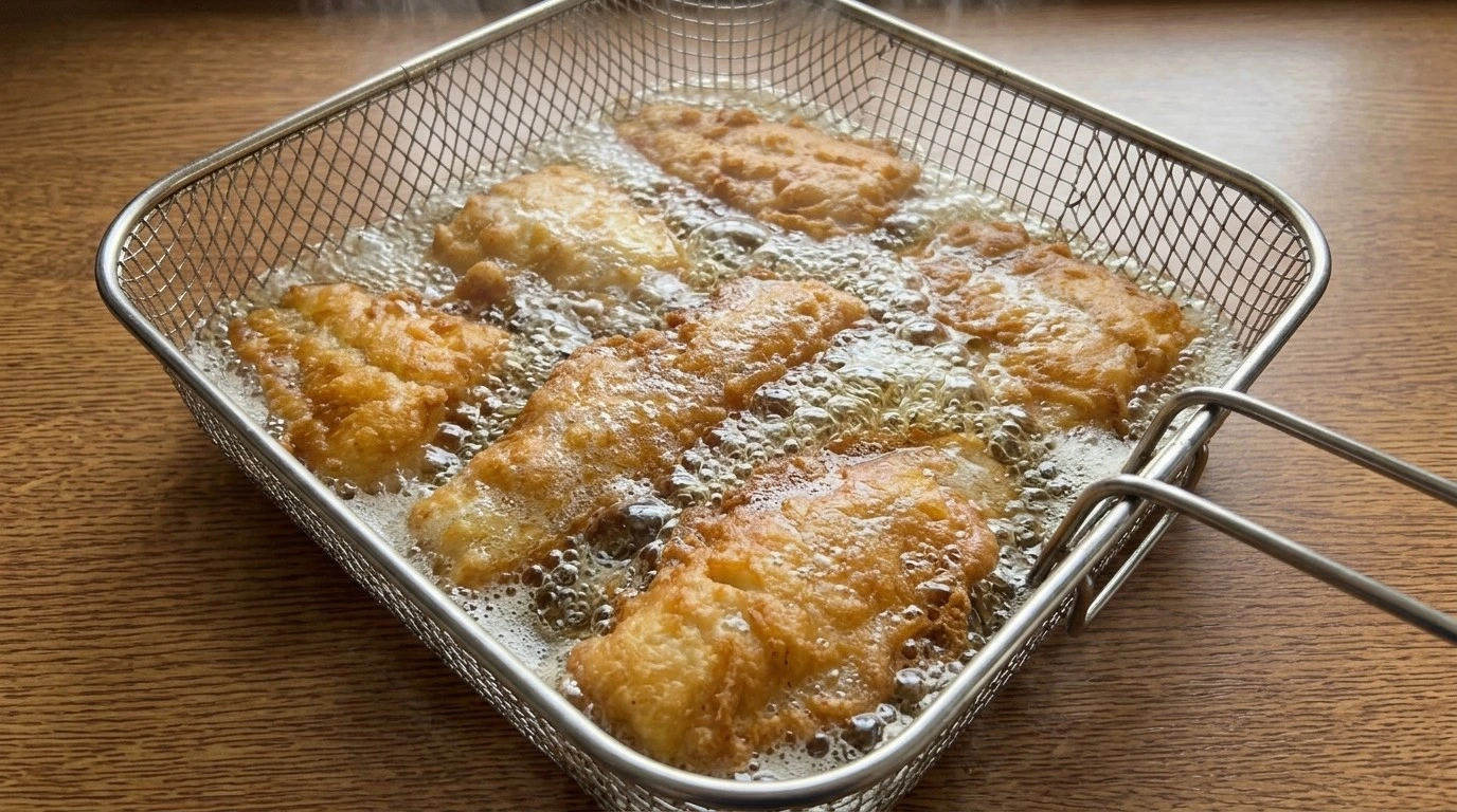 Crispy Beer Battered Fish frying with golden crunchy coating Recipe focus: crispy beer battered fish recipe.