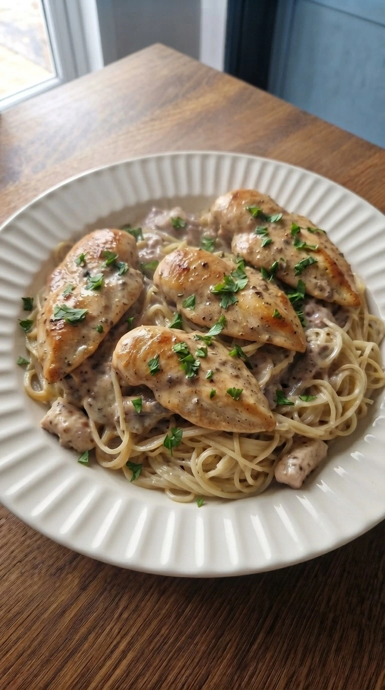 CrockPot Angel Chicken with creamy mushroom sauce and pasta Recipe focus: angel chicken pasta.