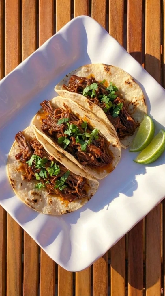 Crockpot Barbacoa Beef with glossy shredded beef and lime garnish Recipe focus: slow cooker barbacoa.