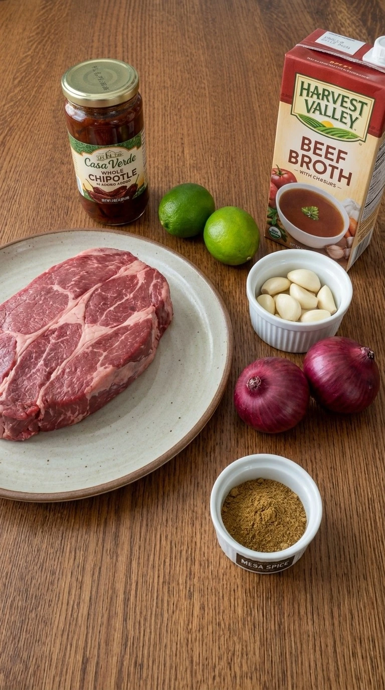 Crockpot Barbacoa Beef ingredients with beef chuck roast spices and lime Recipe focus: shredded beef crockpot recipes.