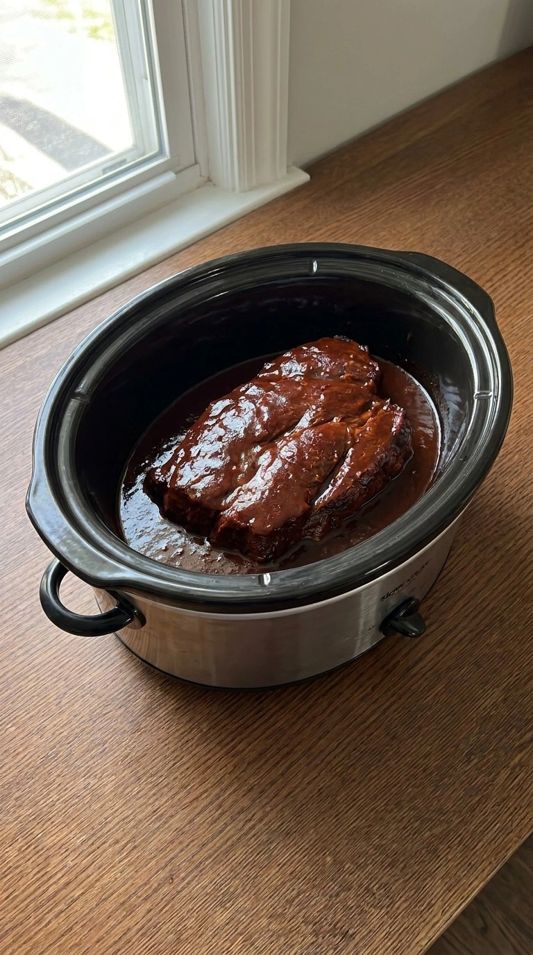Crockpot Barbacoa Beef slow cooking with glossy shredded beef texture Recipe focus: easy crockpot meals.