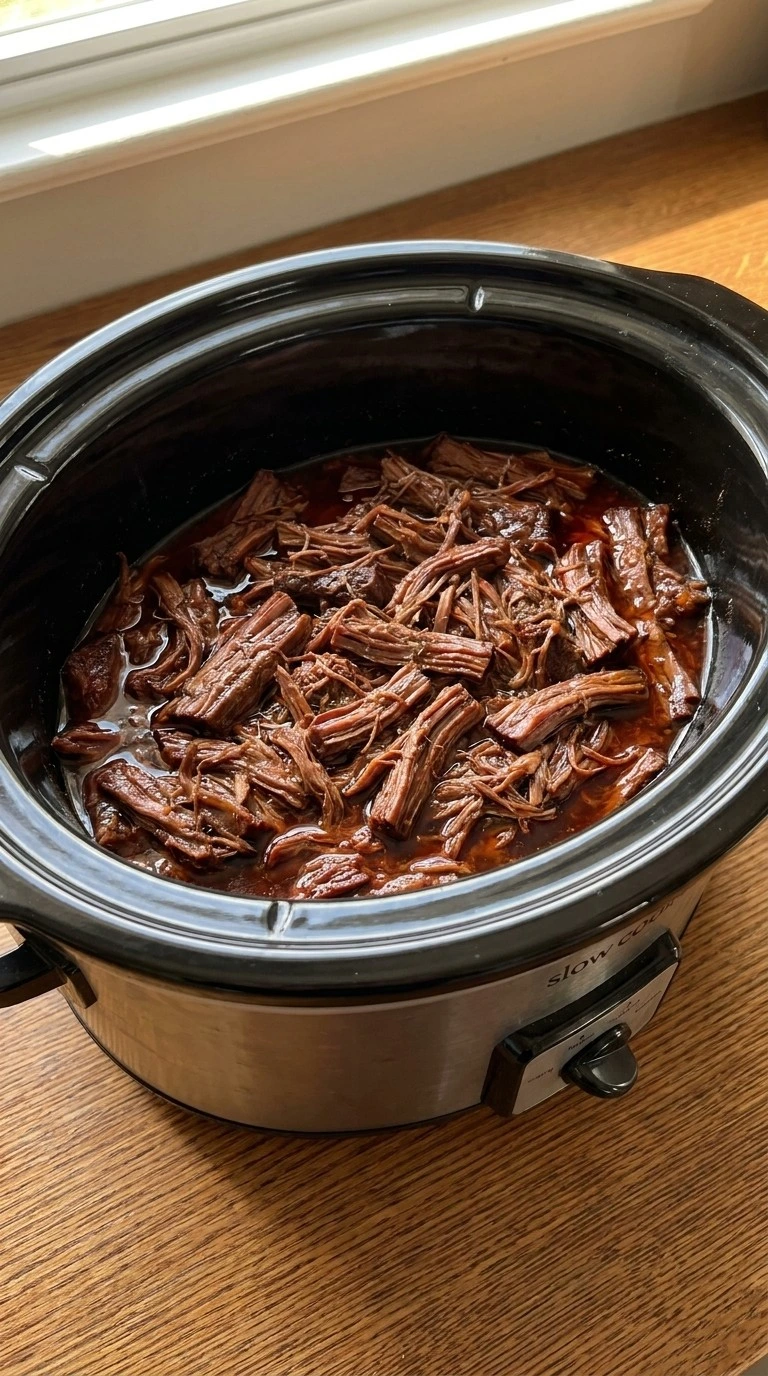 Crockpot Barbacoa Beef shredded texture with glossy saucy strands Recipe focus: slow cooker barbacoa.