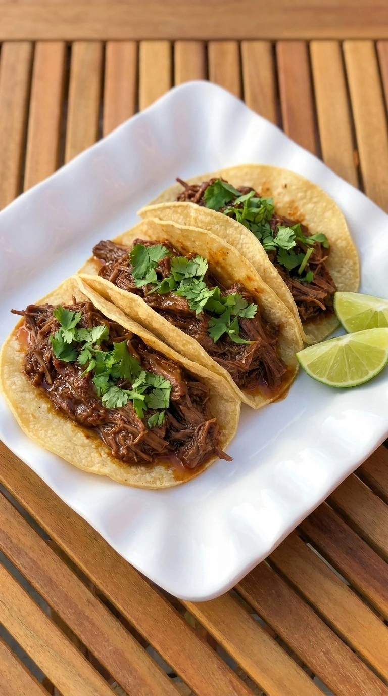 Crockpot Barbacoa Beef tacos with cilantro and lime serving Recipe focus: slow cooker barbacoa.