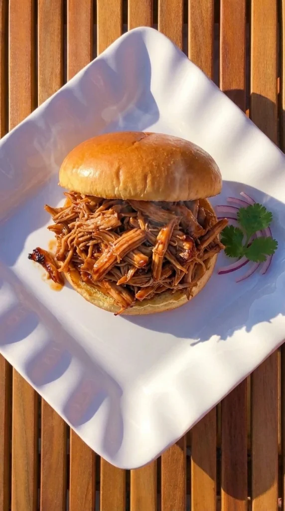 Crockpot BBQ Chicken with glossy shredded barbecue chicken on a sandwich bun Recipe focus: crockpot bbq chicken recipes.