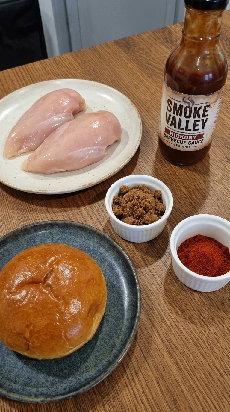 Crockpot BBQ Chicken ingredients including chicken breasts and barbecue sauce Recipe focus: bbq chicken crockpot easy.