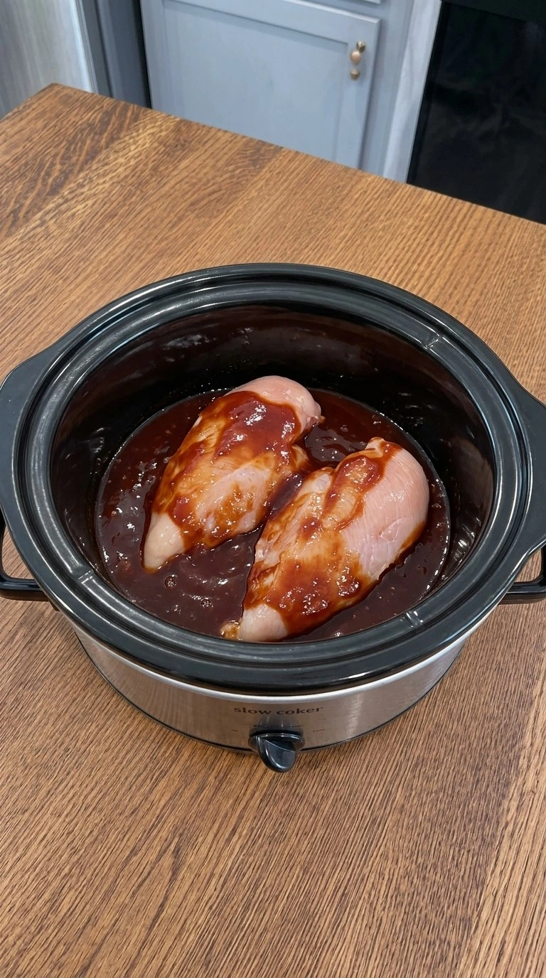 Crockpot BBQ Chicken step 1 with chicken breasts coated in barbecue sauce Recipe focus: bbq chicken dinner ideas.