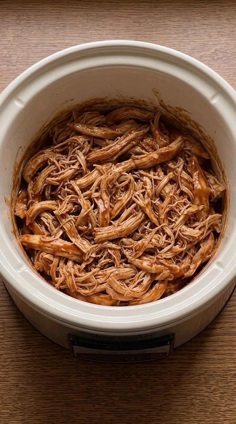 Crockpot BBQ Chicken shredded into saucy barbecue strands Recipe focus: easy dinner recipes.