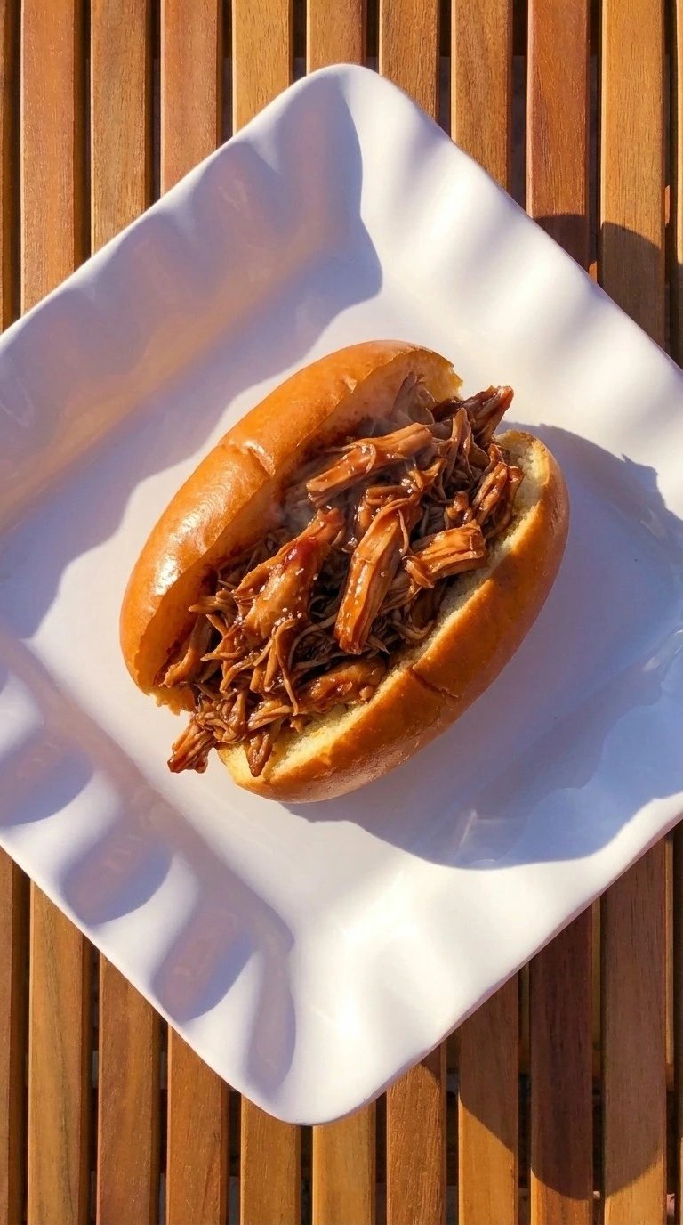 Crockpot BBQ Chicken sandwich with glossy pulled barbecue chicken filling Recipe focus: crockpot bbq chicken recipes.