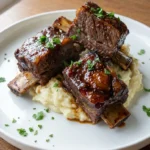 Crockpot Beef Short Ribs with glossy mahogany glazed meat and mashed potatoes Recipe focus: short rib crockpot recipes.