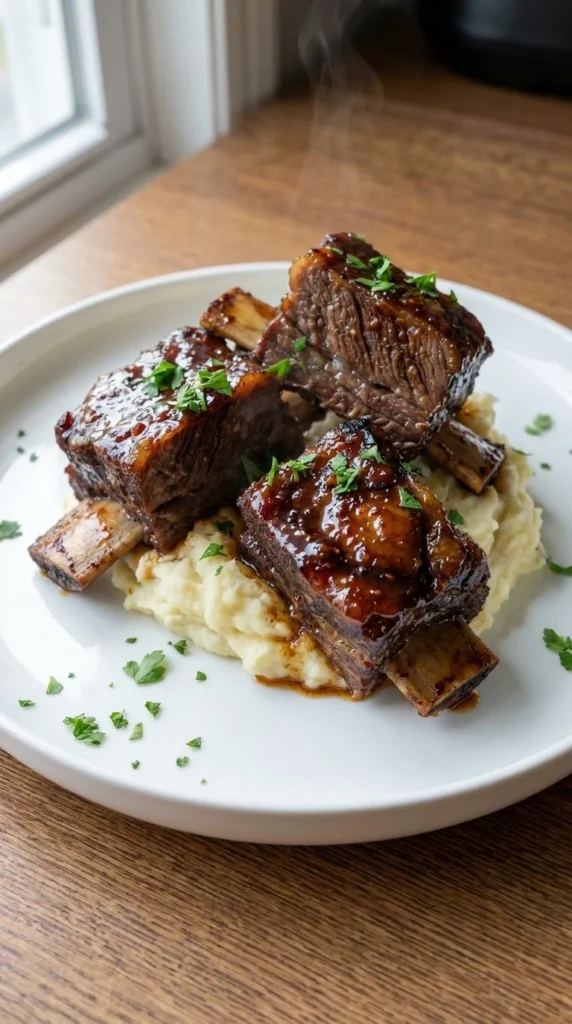 Crockpot Beef Short Ribs with glossy mahogany glazed meat and mashed potatoes Recipe focus: short rib crockpot recipes.