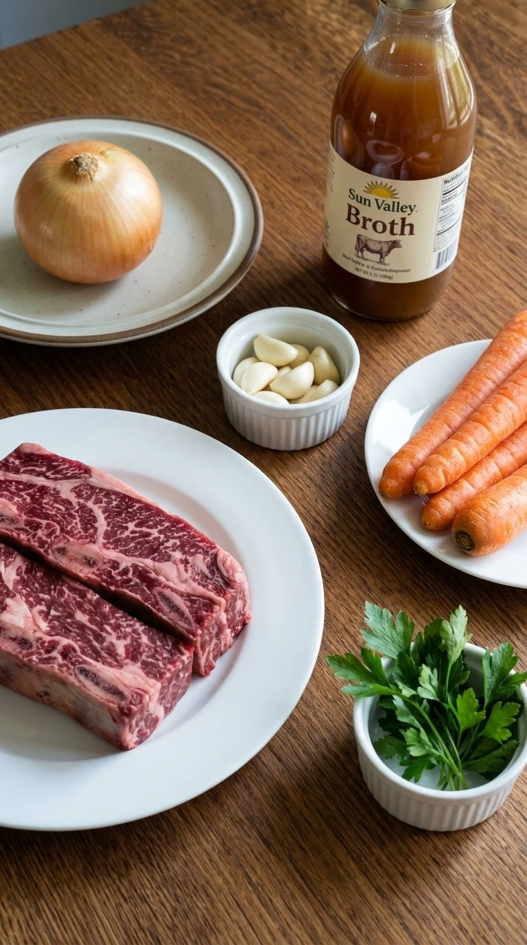 Crockpot Beef Short Ribs ingredients including raw beef short ribs vegetables and seasonings Recipe focus: slow cooker beef short ribs.