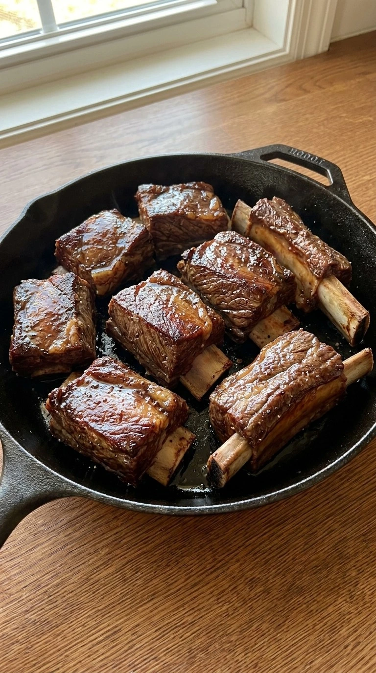 Crockpot Beef Short Ribs browning with deep brown crust before slow cooking Recipe focus: easy short ribs recipe.