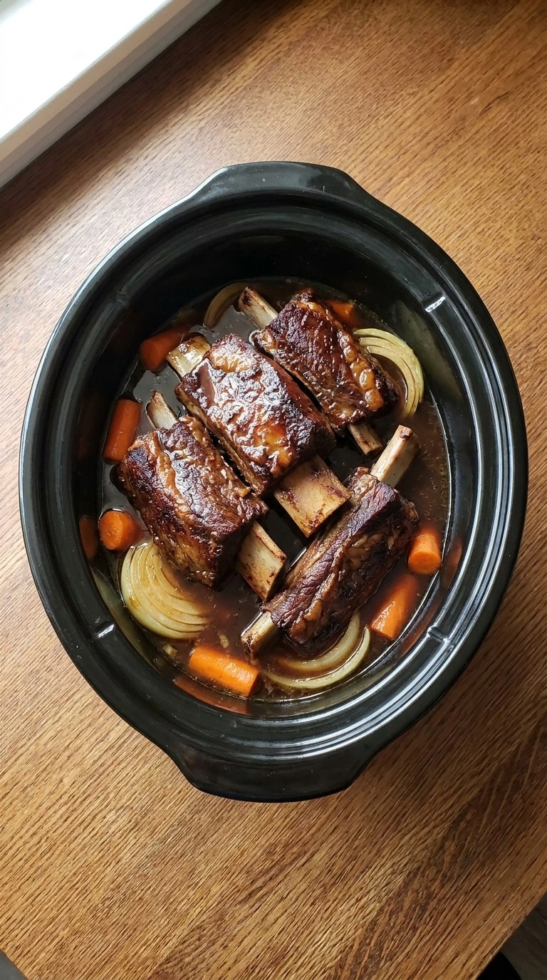 Crockpot Beef Short Ribs simmering with vegetables and broth in slow cooker Recipe focus: boneless short ribs recipe.