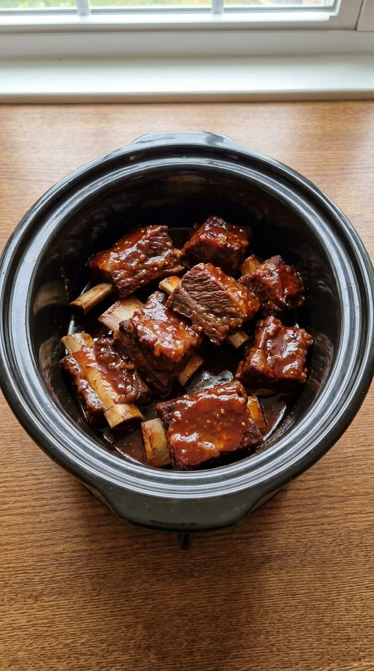 Crockpot Beef Short Ribs with thick glossy glaze and reduced sauce Recipe focus: comfort crockpot meals.