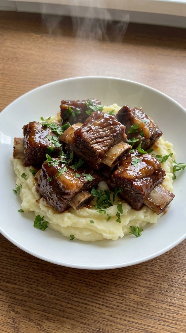 Crockpot Beef Short Ribs plated with glossy sauce mashed potatoes and parsley Recipe focus: short rib crockpot recipes.