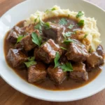 Crockpot Beef Tips and Gravy with tender beef cubes covered in glossy brown gravy Recipe focus: beef tips and gravy crockpot easy.