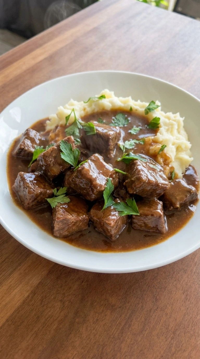 Crockpot Beef Tips and Gravy with tender beef cubes covered in glossy brown gravy Recipe focus: beef tips and gravy crockpot easy.