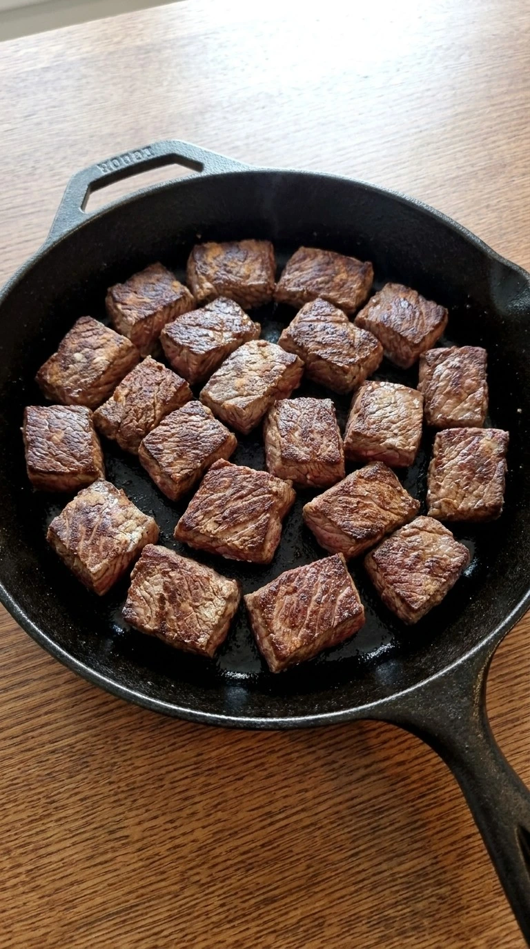 Crockpot Beef Tips and Gravy beef tips searing with browned edges Recipe focus: crock pot cubed steak and gravy.