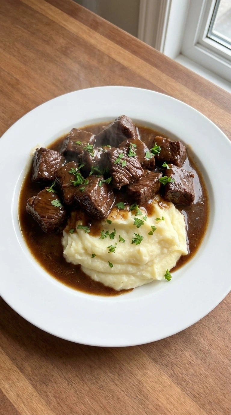 Crockpot Beef Tips and Gravy plated with glossy gravy and mashed potatoes Recipe focus: easy beef tips and gravy crock pots.